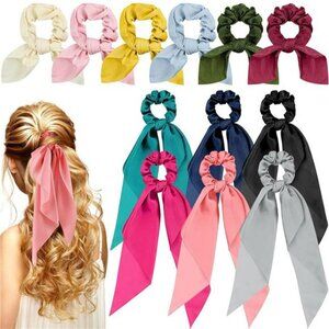 Satin scrunchies set with bows scarf ties bunny ear hair ribbons 12pcs for women